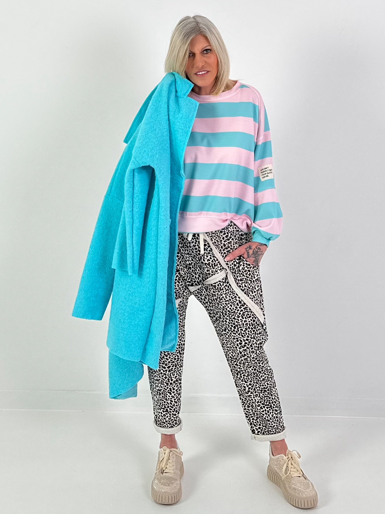 Sweater mit Streifen - rosa-türkis