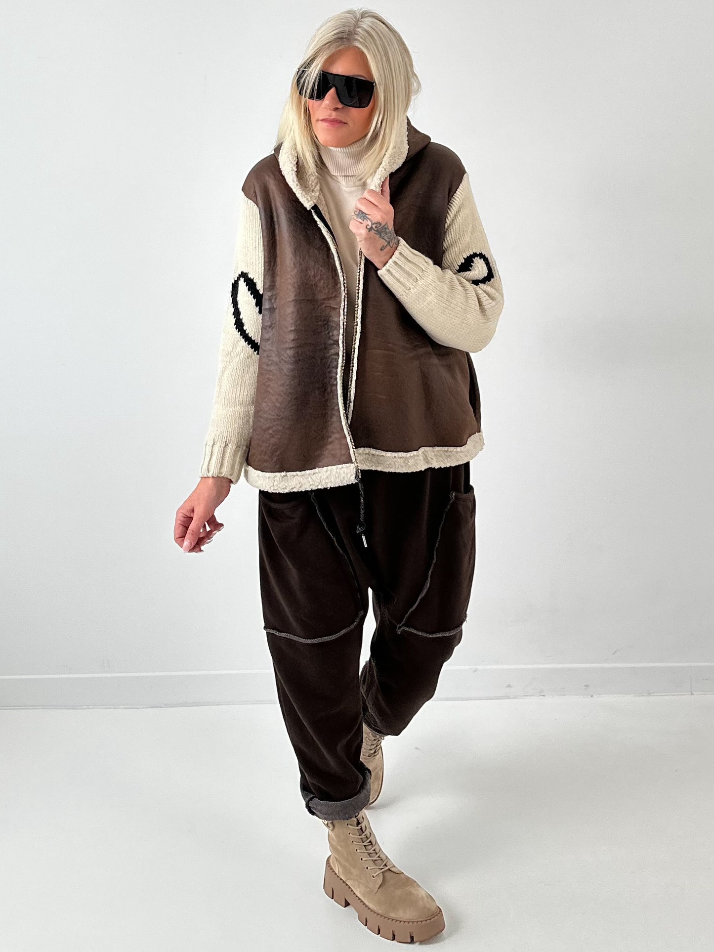 Lamb nappa imitation jacket with knitted sleeves model "Jana" - mocha