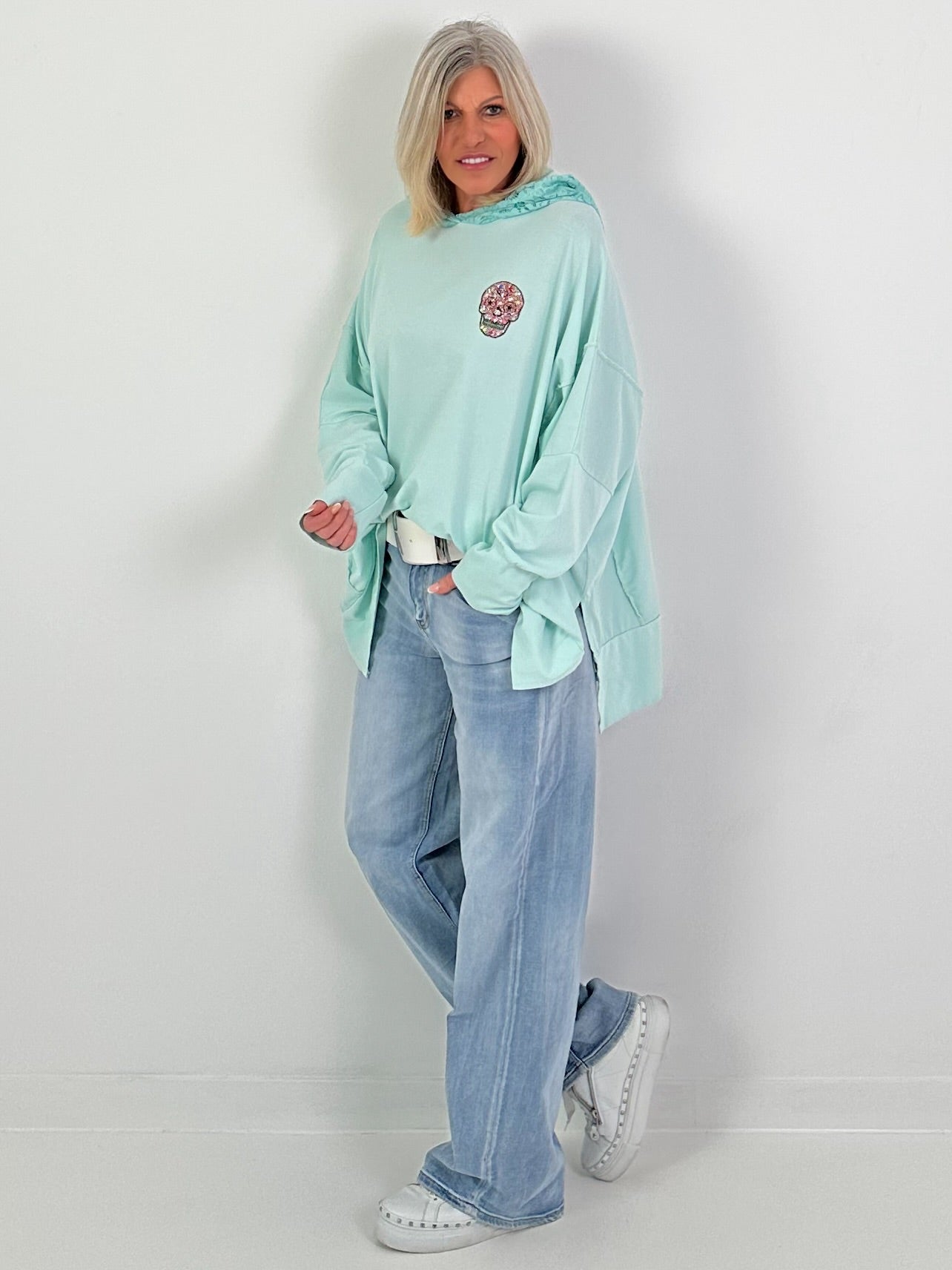 Oversized hoodie with lace hood - mint