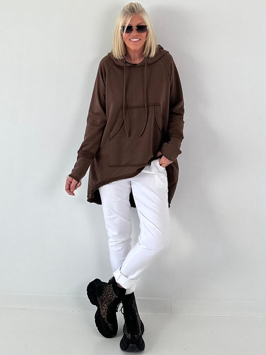 Casual lange hoodie met duimgat - mokka