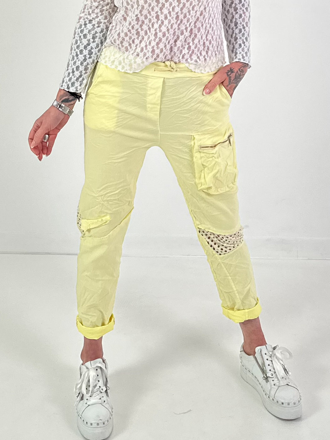 Broek met mesh-inzetstuk - geel