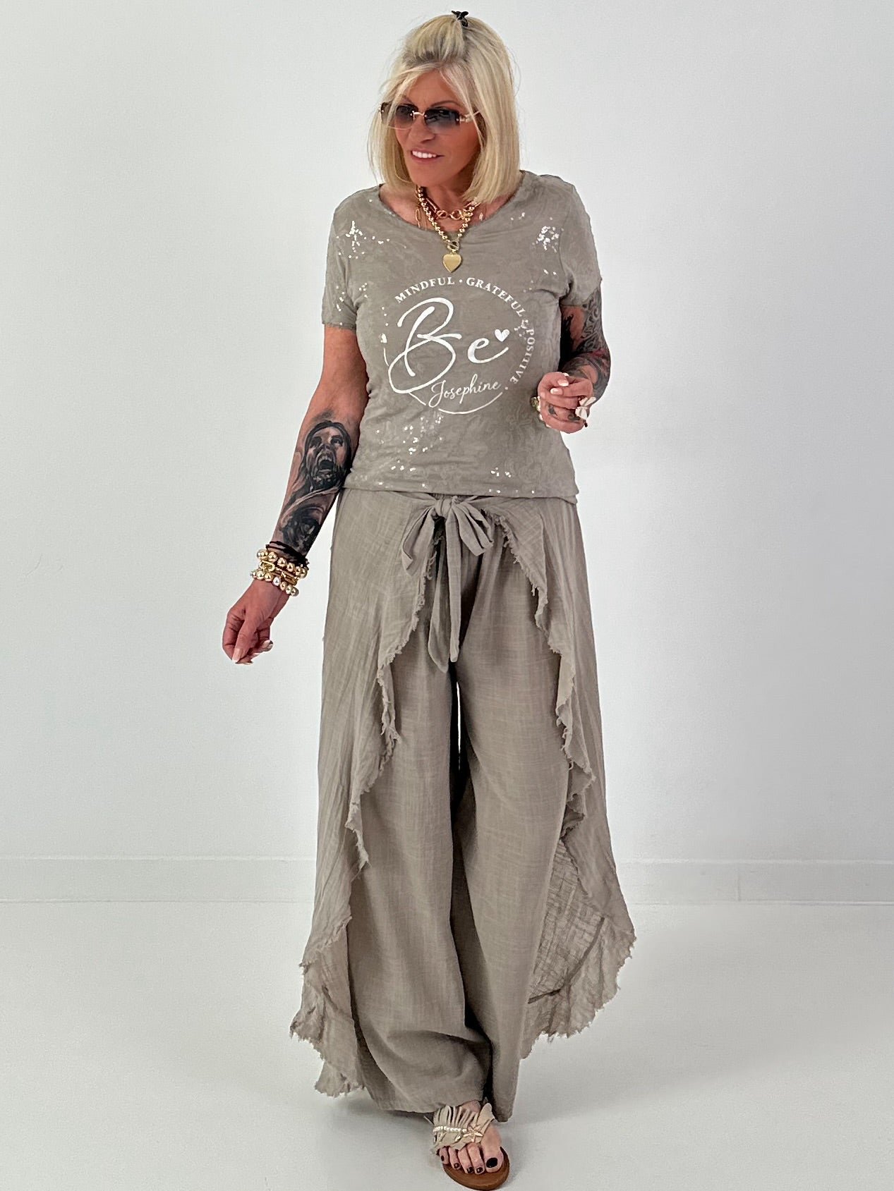 Wijde broek met bindstrook - taupe