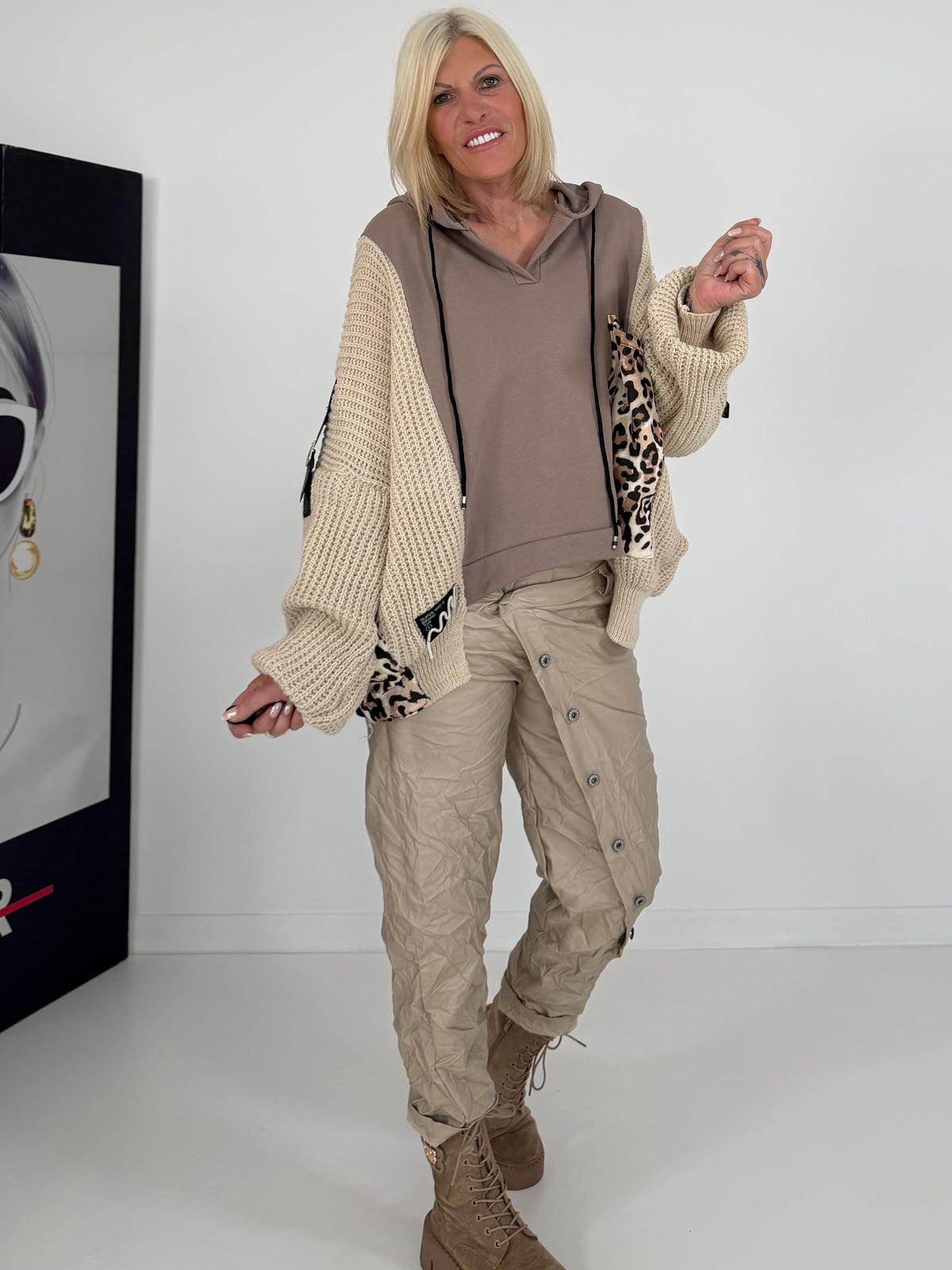 Oversized Grobstrick-Hoodie mit Sweat-Einsatz  - taupe-beige