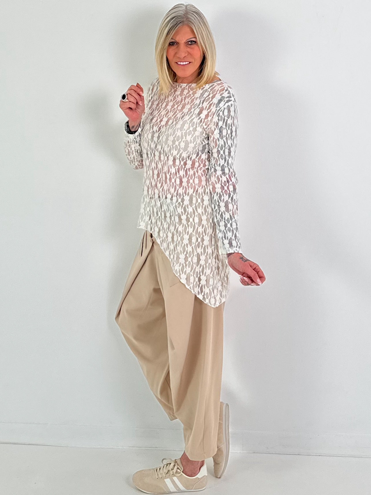 Kanten top met patroon - crème