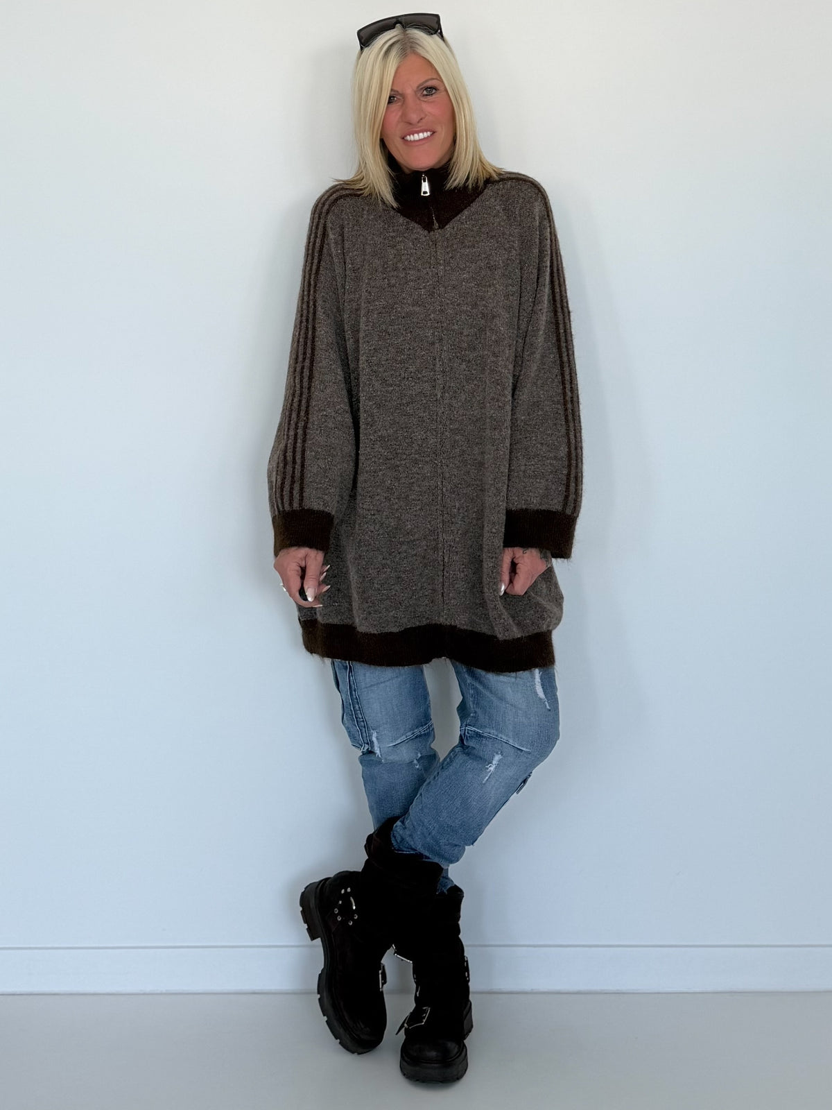 Oversized Long-Strickjacke mit Streifen - dark-chocolate-mokka