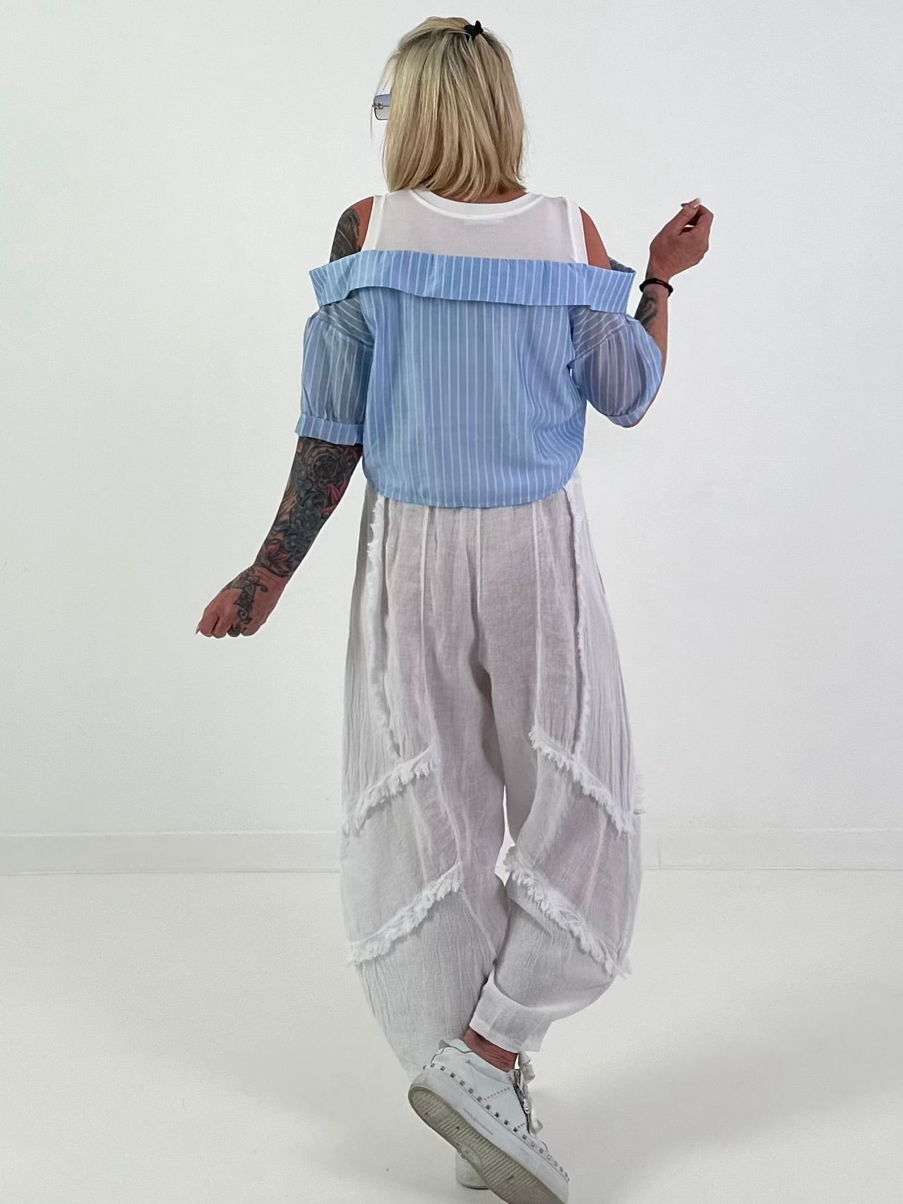 Ribbed top with blouse layering - white-light blue