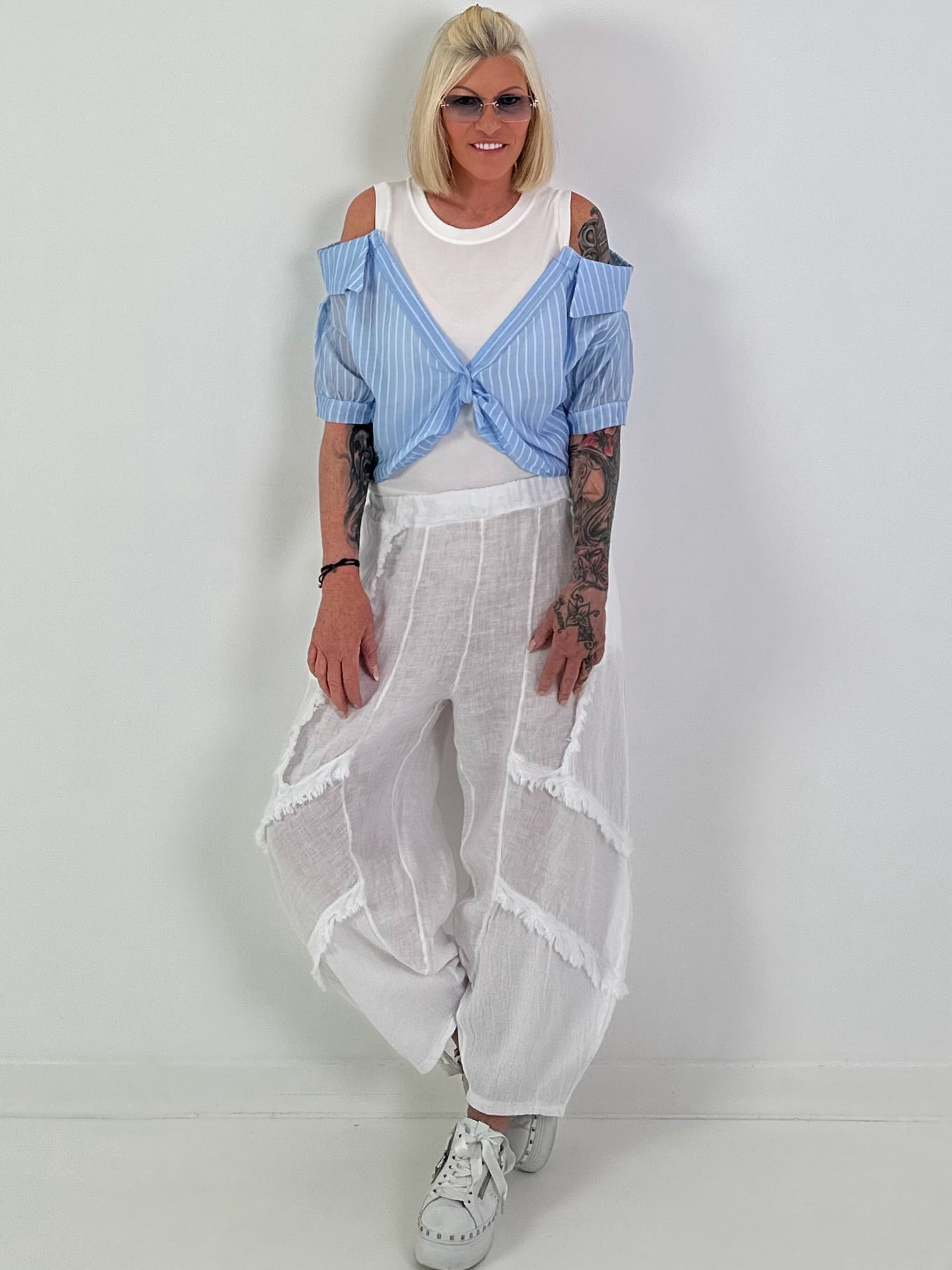 Ribbed top with blouse layering - white-light blue