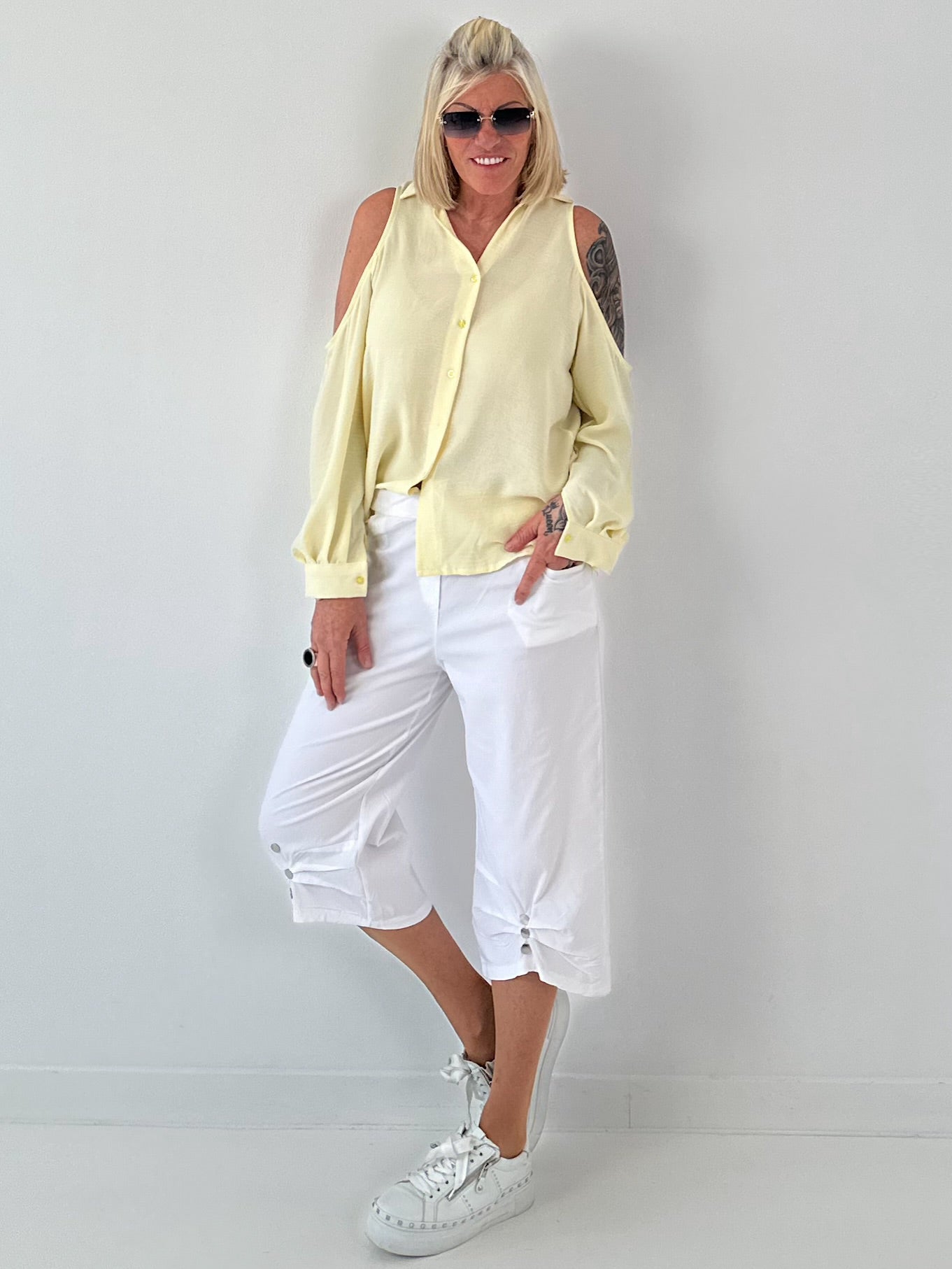 Bluse mit cold shoulder Detail - gelb
