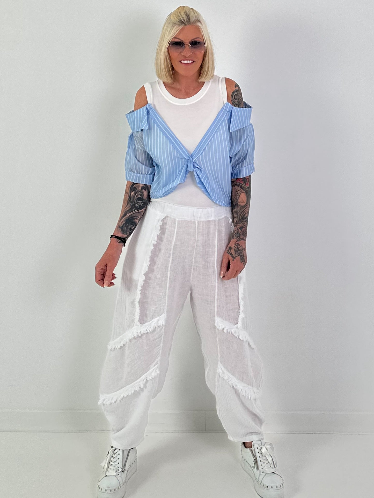 Ribbed top with blouse layering - white-light blue