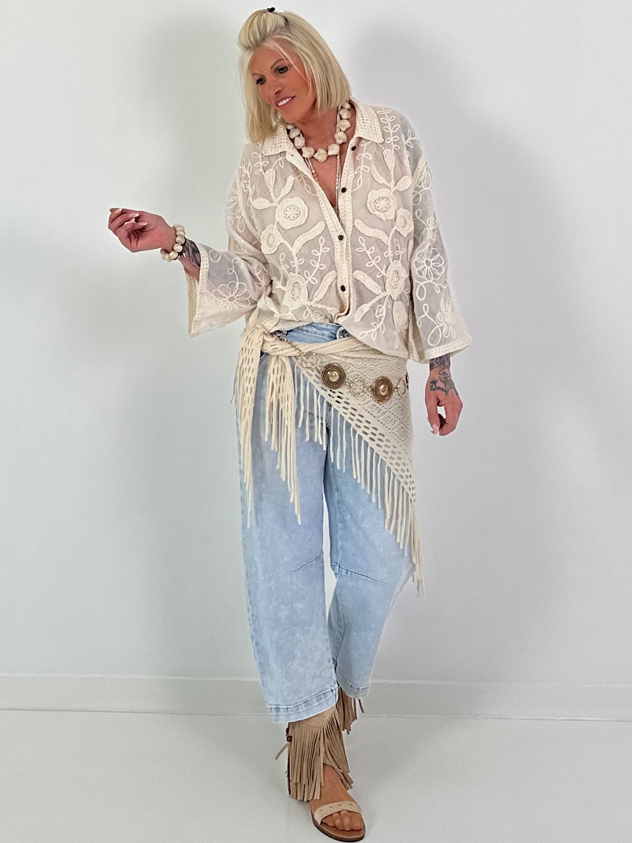 Boho Blouse with Crochet Collar - Beige