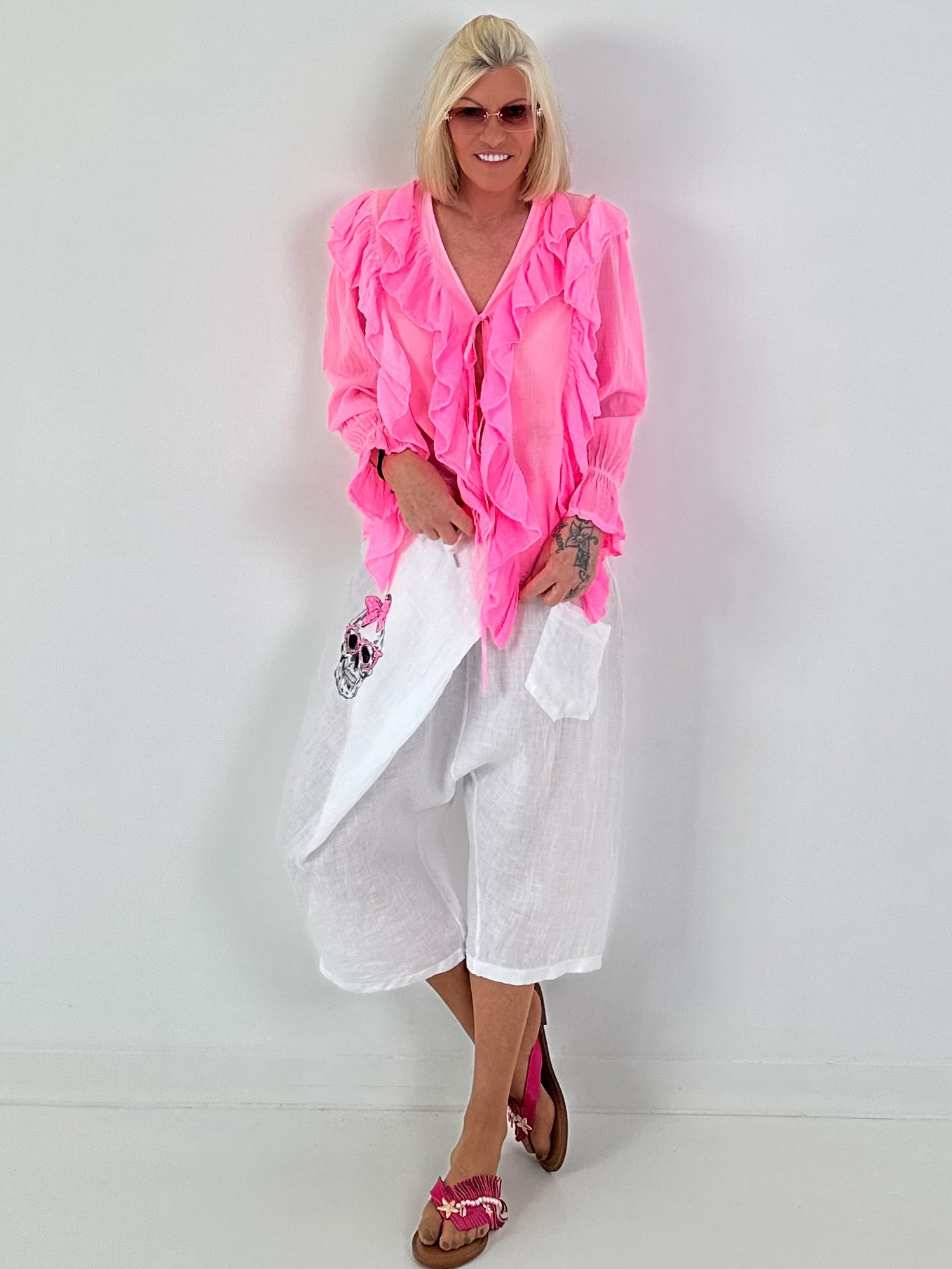 Tunika zum Binden mit Volants - neonpink