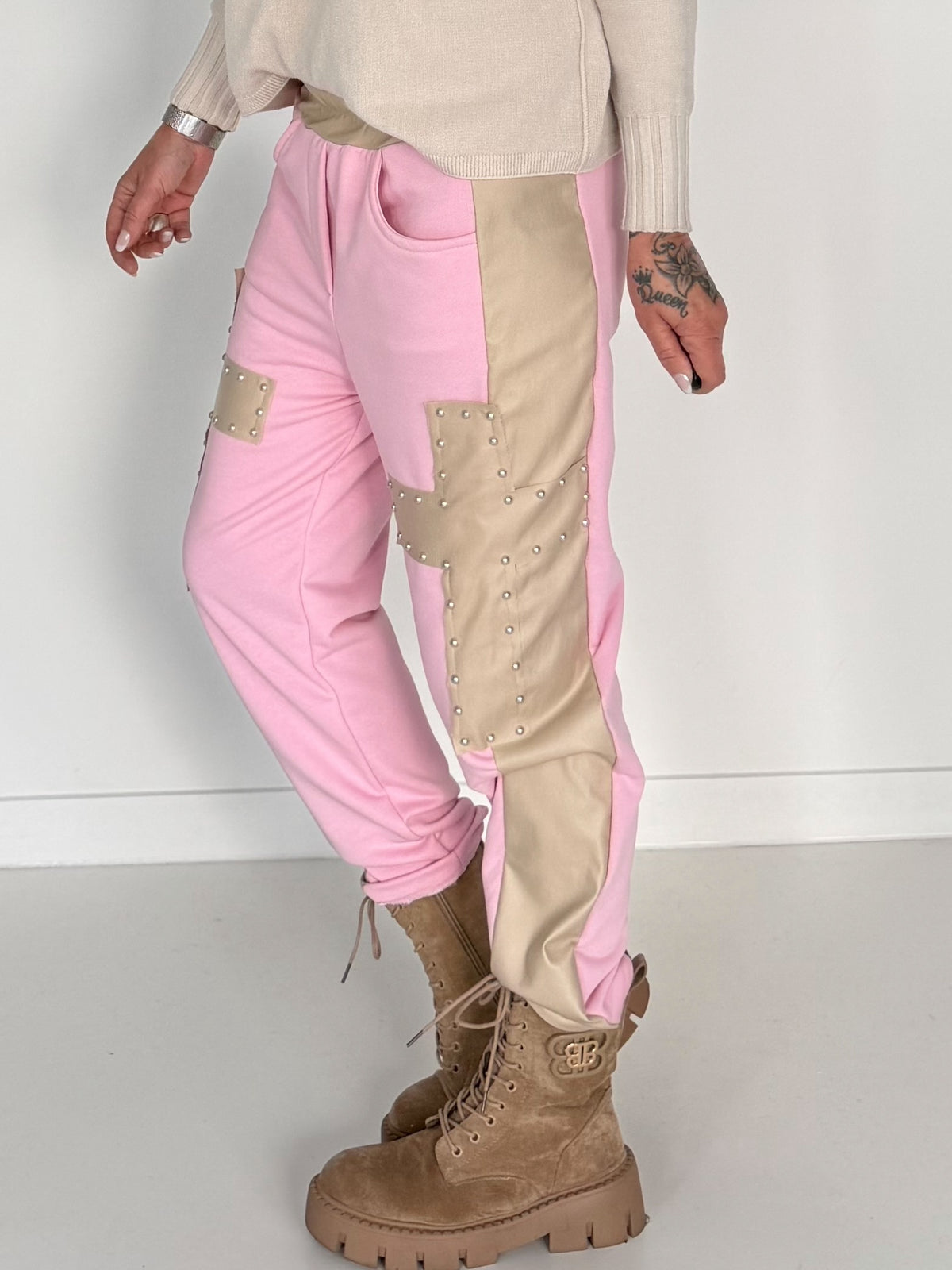Sweathose im Materialmix - rosa-beige