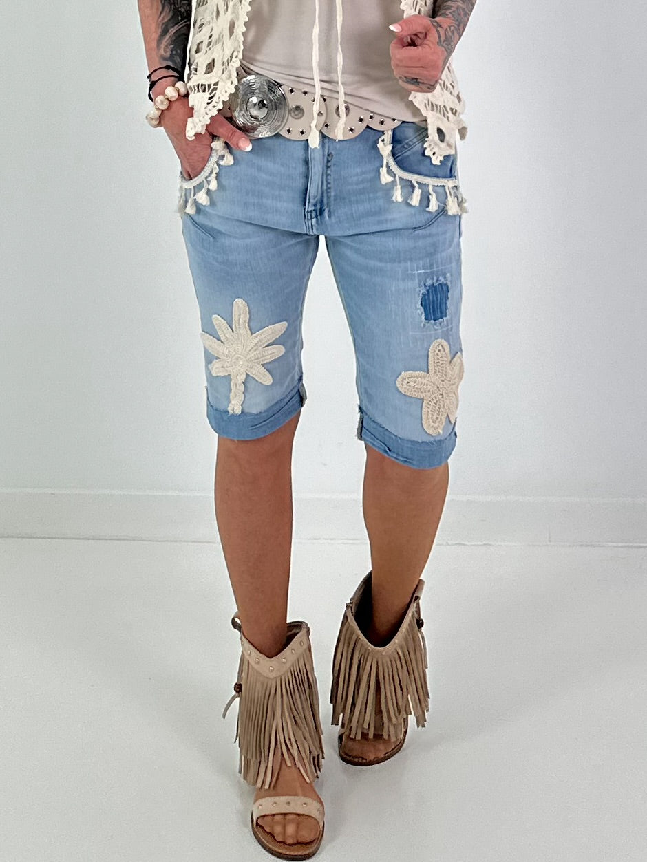 Denim Shorts with Crochet Patches