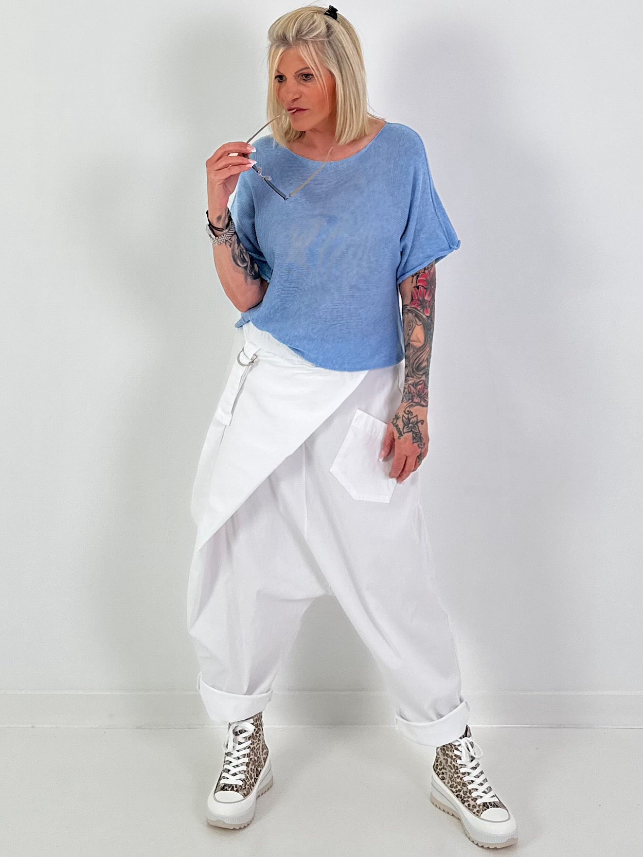 Sommerstrick Pullover mit kurzen Arm - hellblau