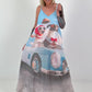 Long dress with a printed design and side pockets - light blue multi-colored