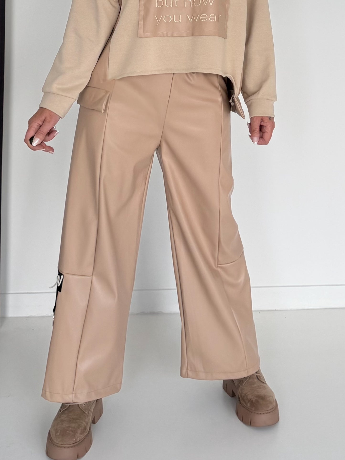 Vegan Leather Wide-Leg Trousers - Beige