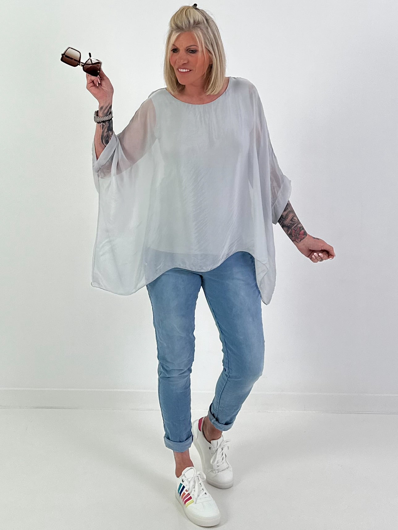 Silk tunic with integrated undershirt - grey
