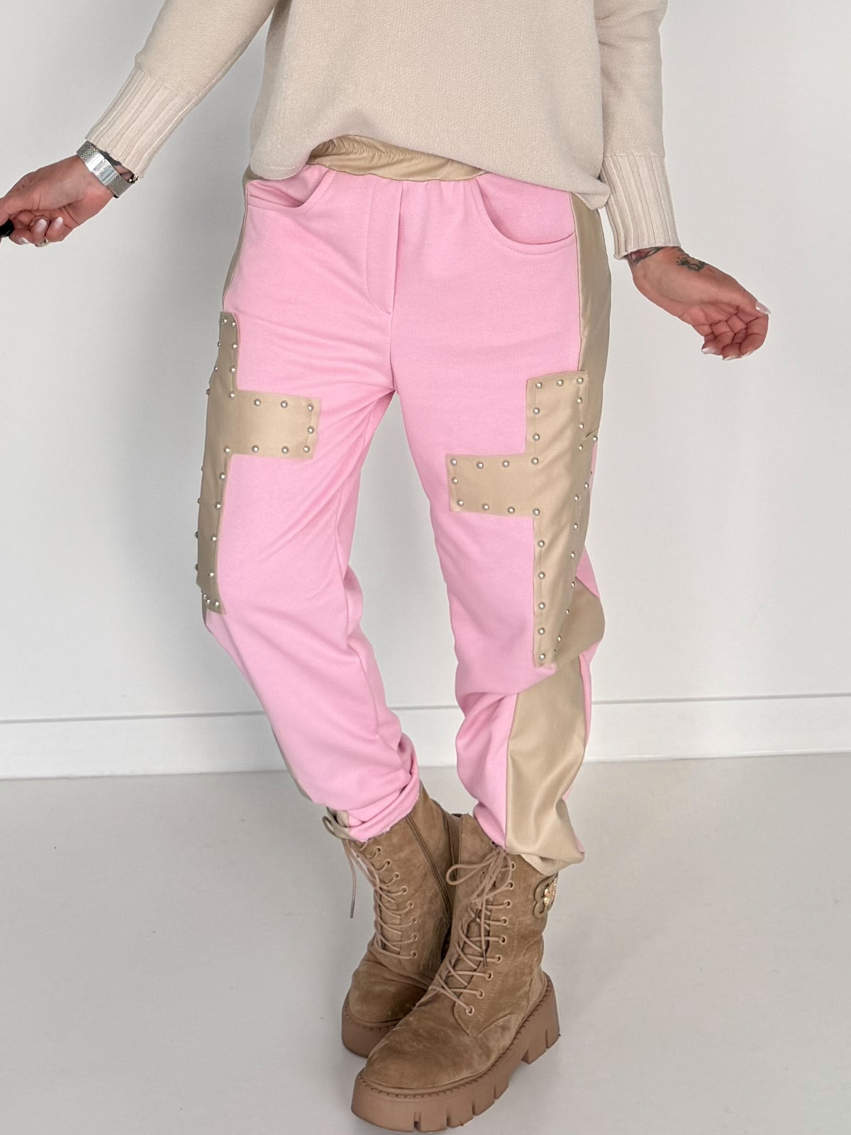Sweathose im Materialmix - rosa-beige