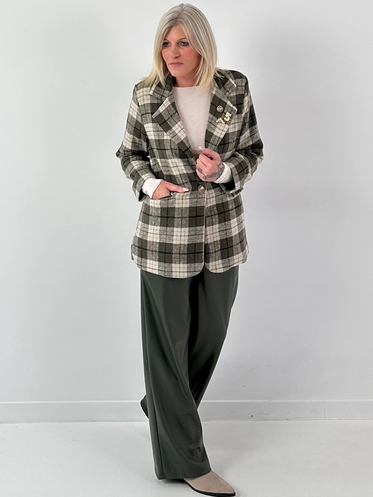 Geruit wollen blazer, model "Royal Check" - olijfgroen-veelkleurig