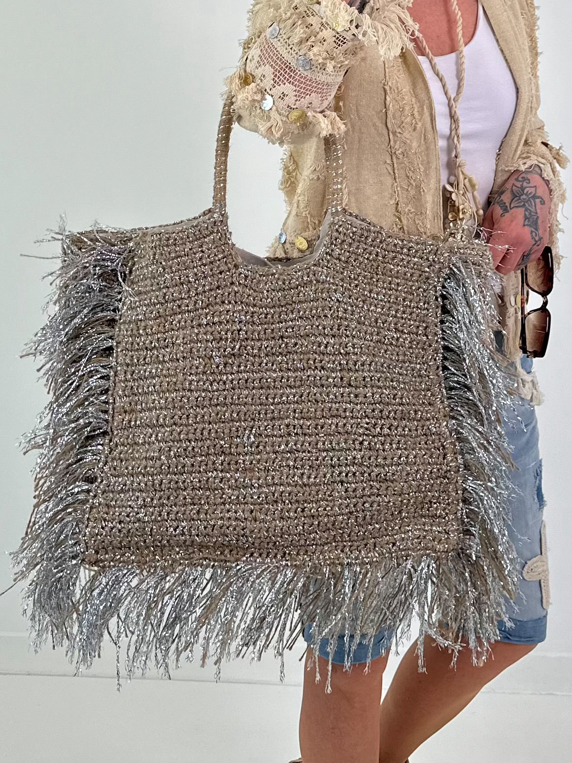 Large crochet bag with lurex - taupe-silver