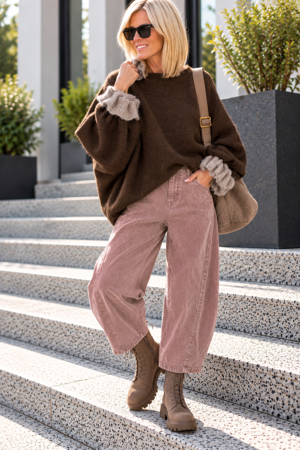 Sweater with ruffled cuffs - mocha taupe