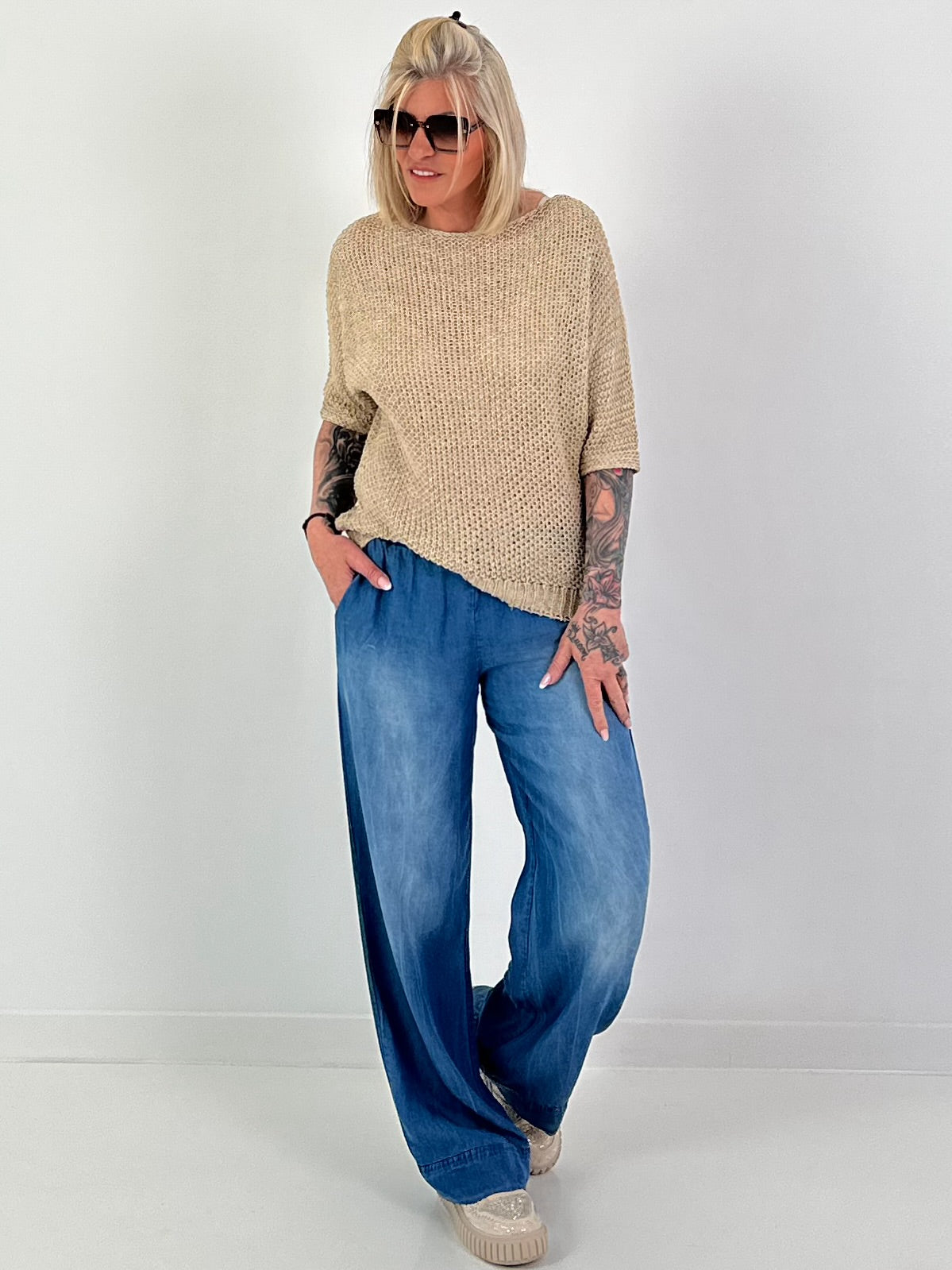 Häkelpulli mit eingearbeiteten Pailletten - beige