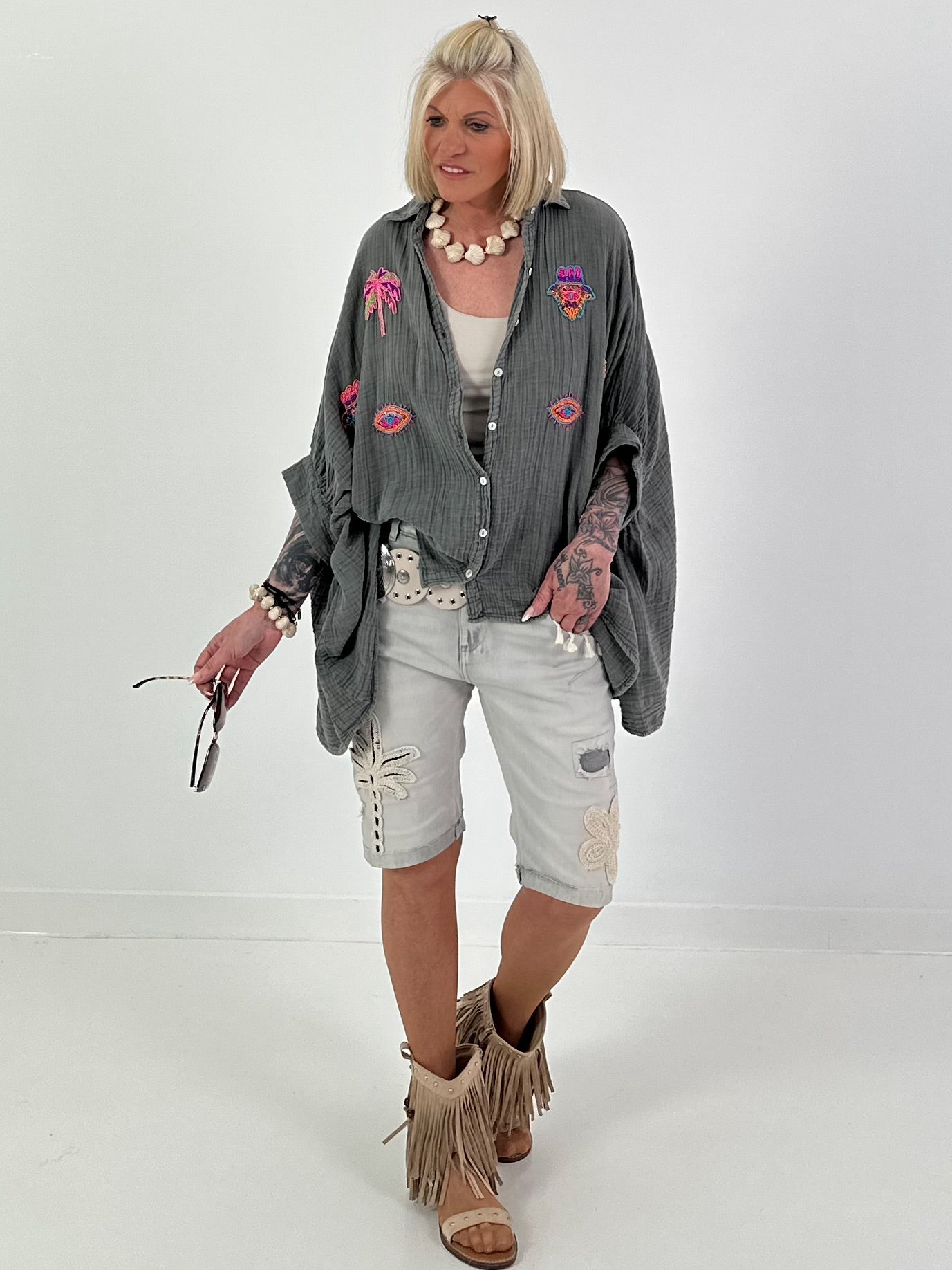 Oversized Muslin Blouse with Colorful Bead Embroidery - Anthracite