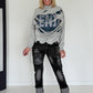 Sweater im Materialmix mit Cut-Outs und Strasssteinen - grau-denim-mehrfarbig