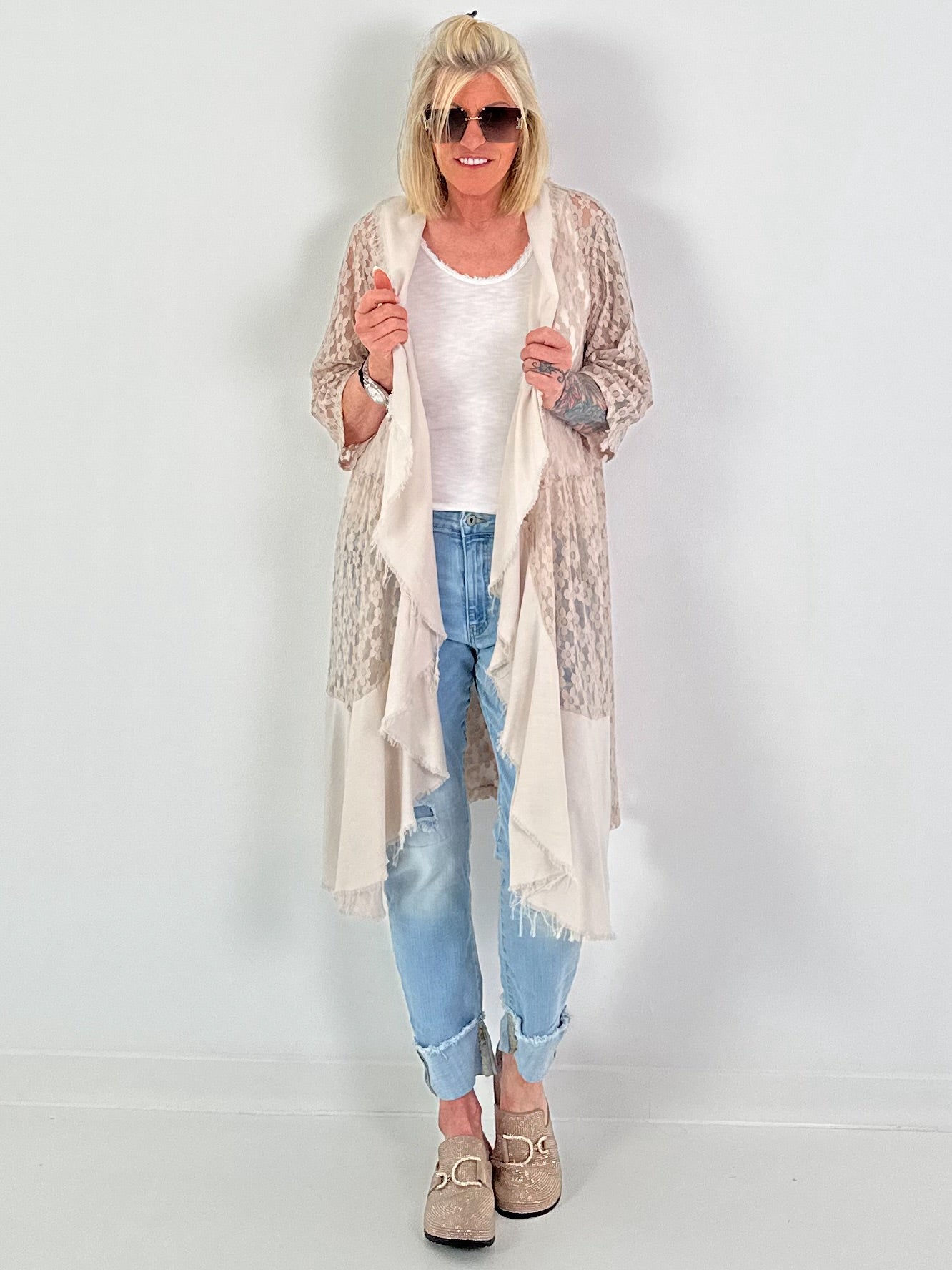 Lace coat in a material mix - beige