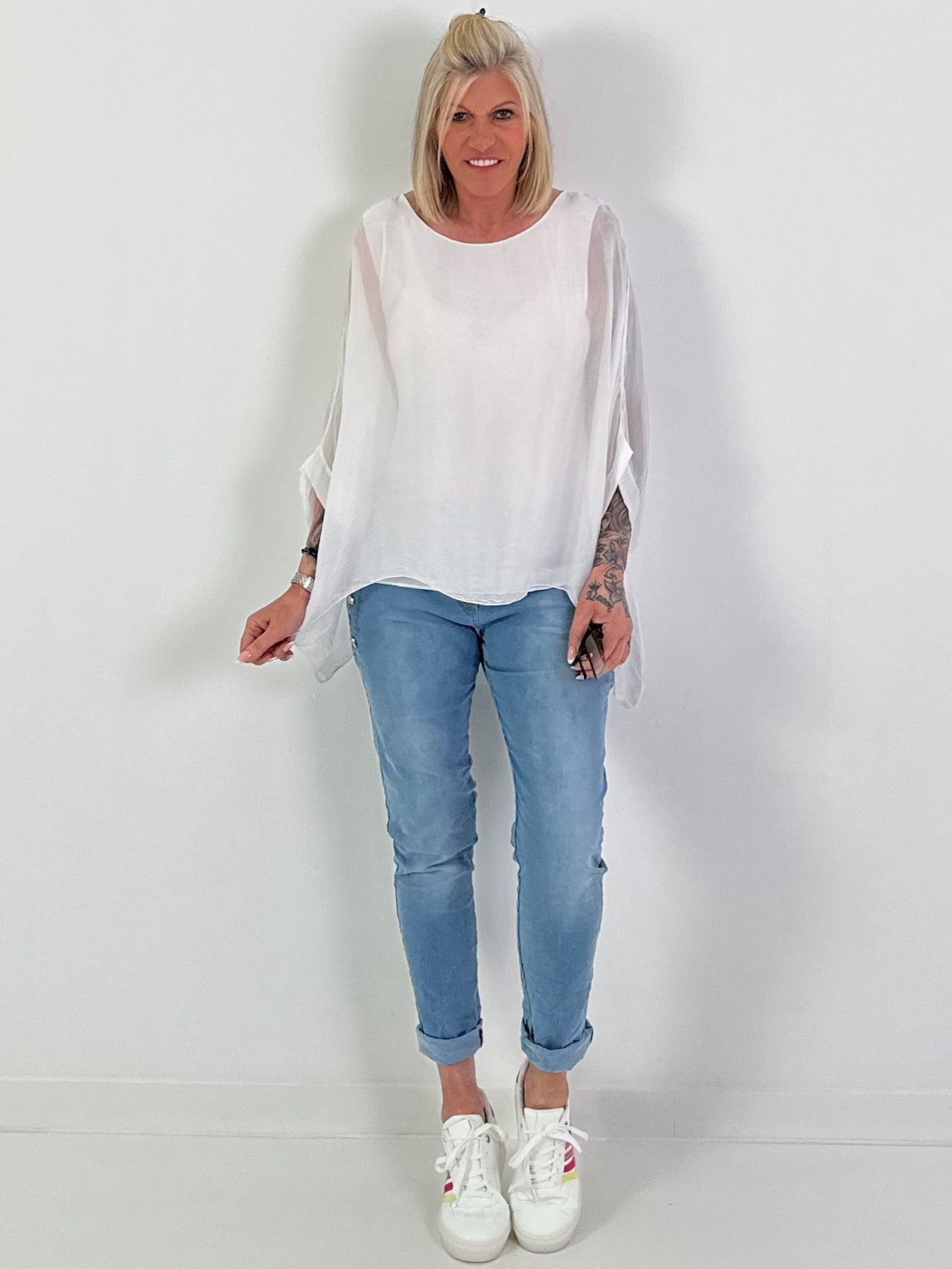 Silk tunic with integrated undershirt - white