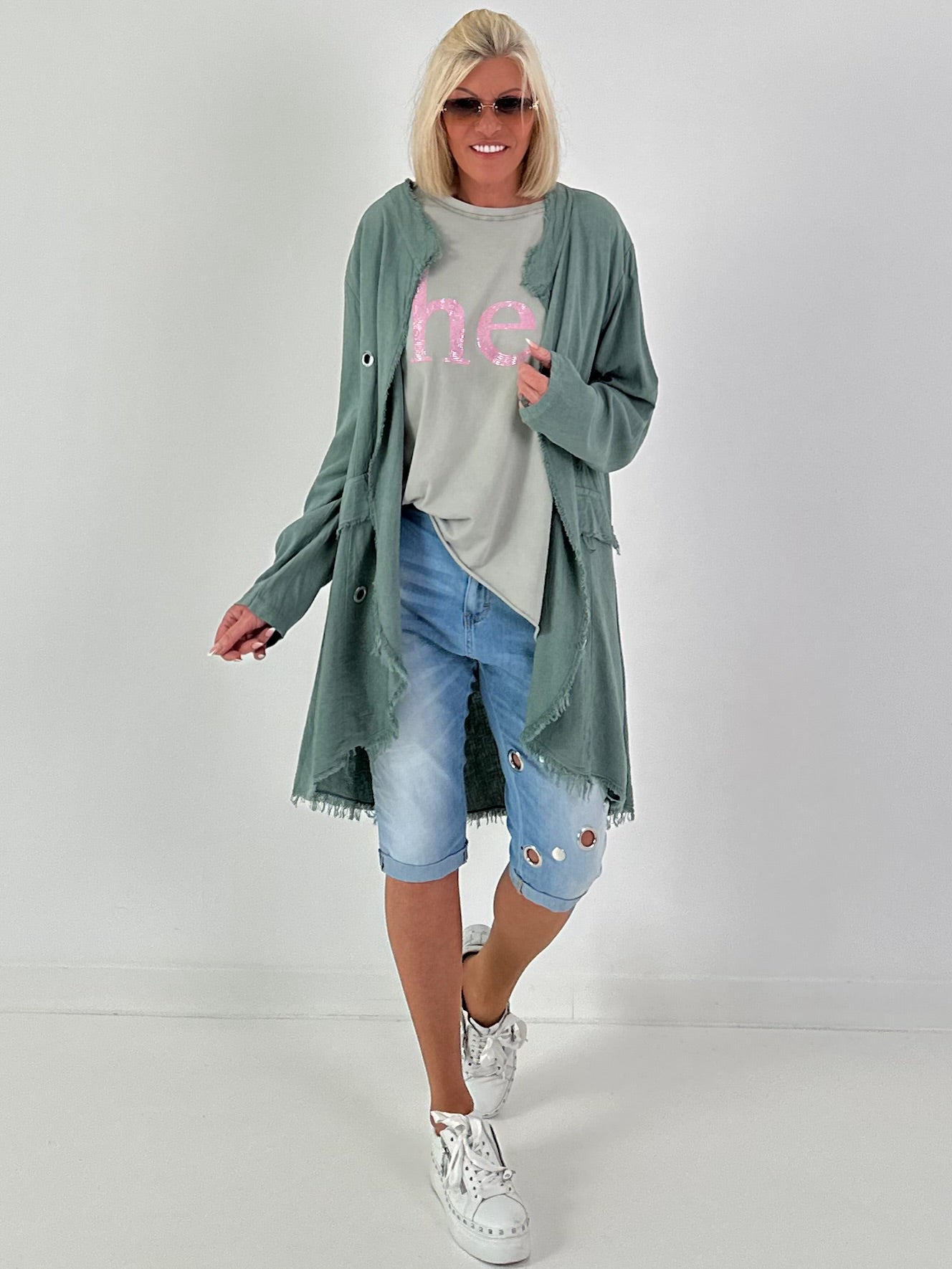 Linen Short Coat with Eyelets - Khaki