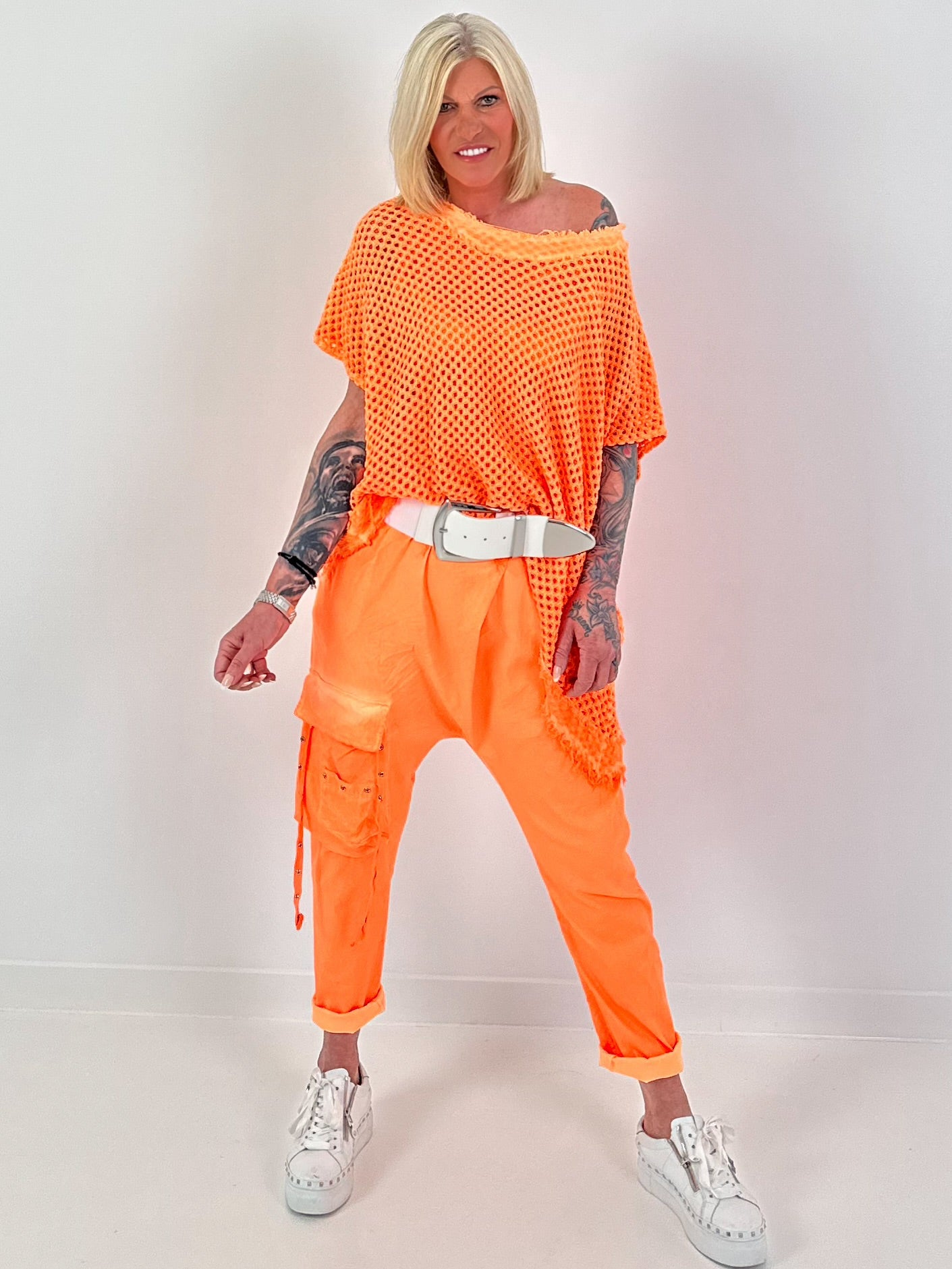 Häkelshirt mit Fransen asymmetrisch - neonorange