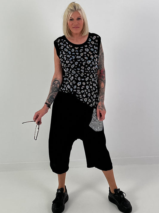Ripp Top mit Glitzer Leo - schwarz