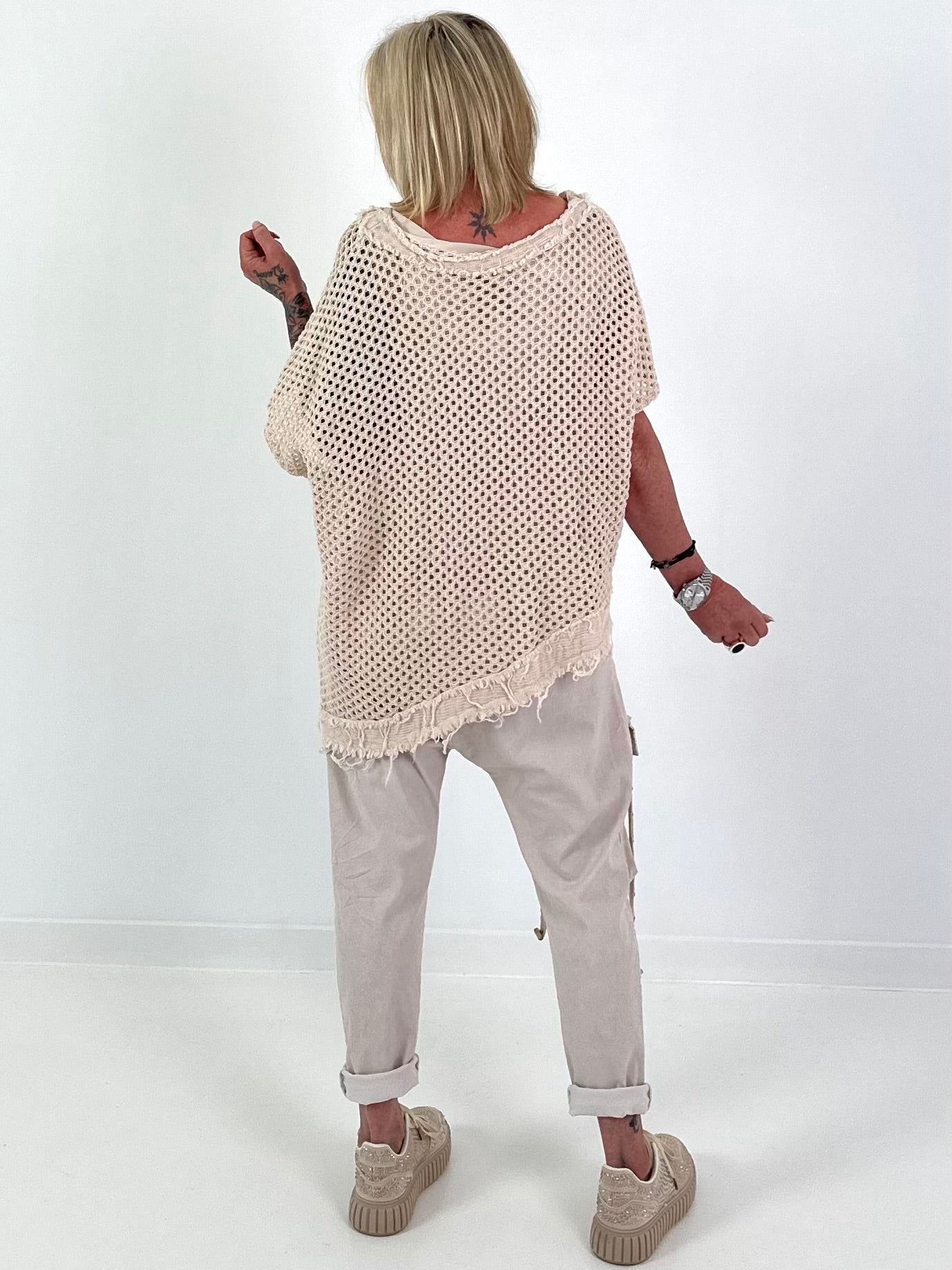 Häkelshirt mit Fransen asymmetrisch - beige