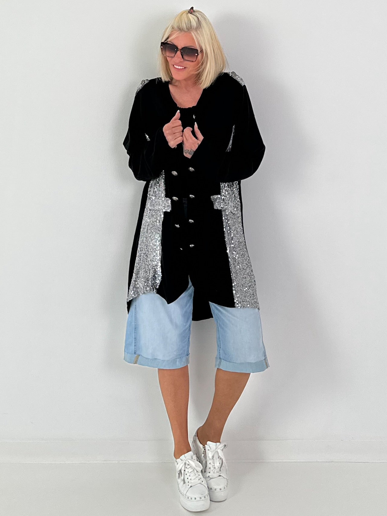 Oversized Linen Military Blazer - Black