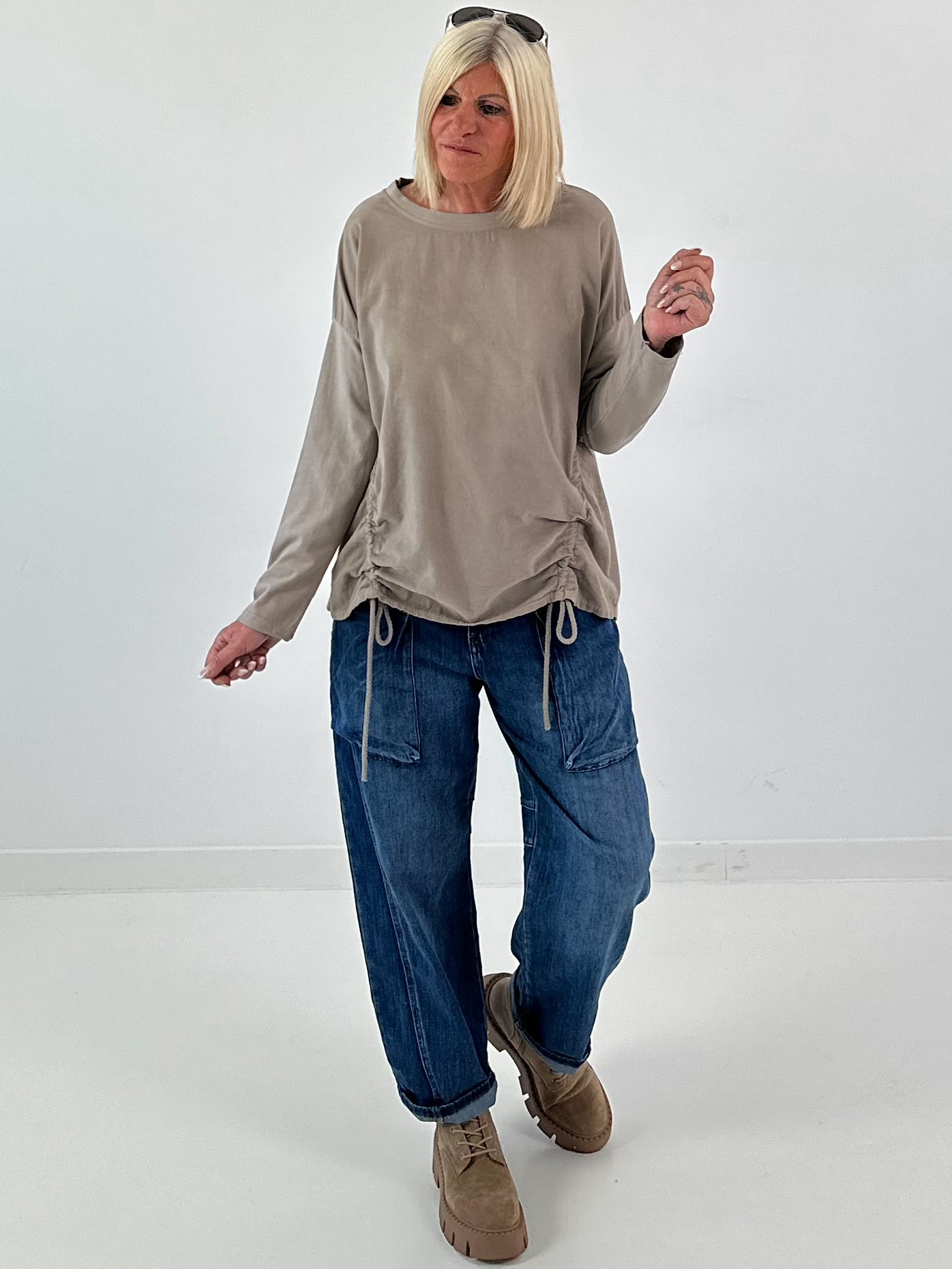 Feinkord Shirt mit Sweati Armen und Rücken - taupe