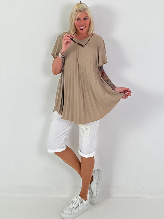 Pleated T-Shirt with Ruffle Sleeves - Taupe