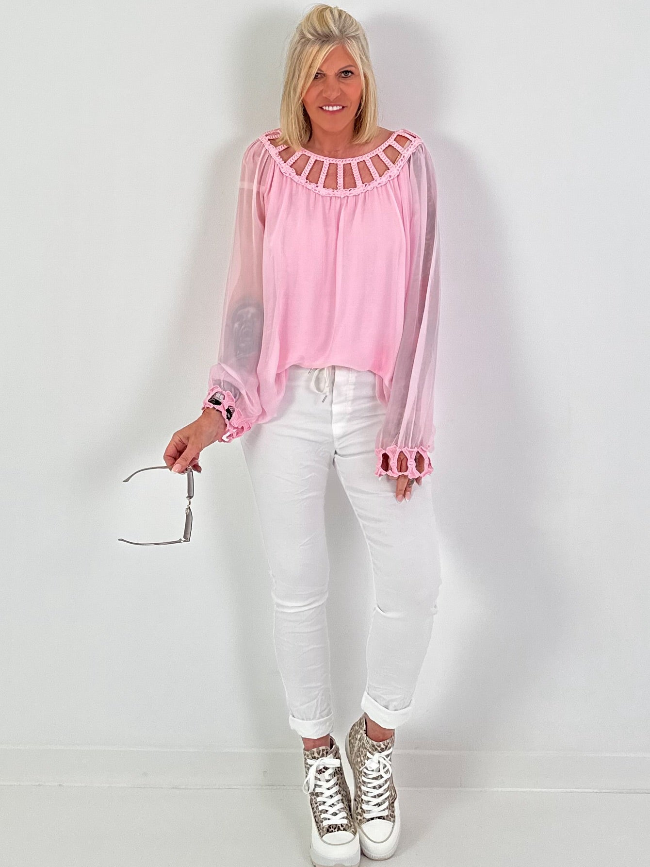 Silk Tunic with Crochet Neckline - Pink