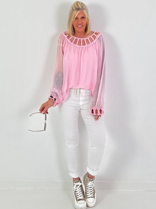 Silk Tunic with Crochet Neckline - Pink