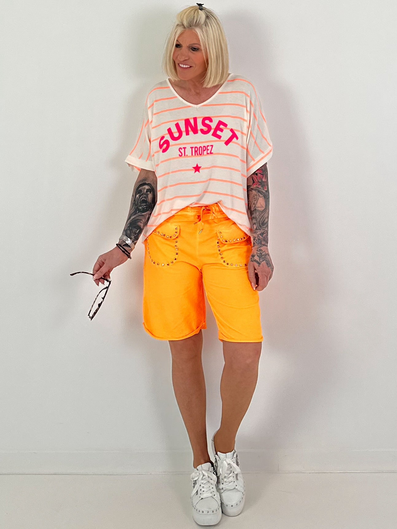 T-Shirt mit Streifen Sunset - ecru-neonorange