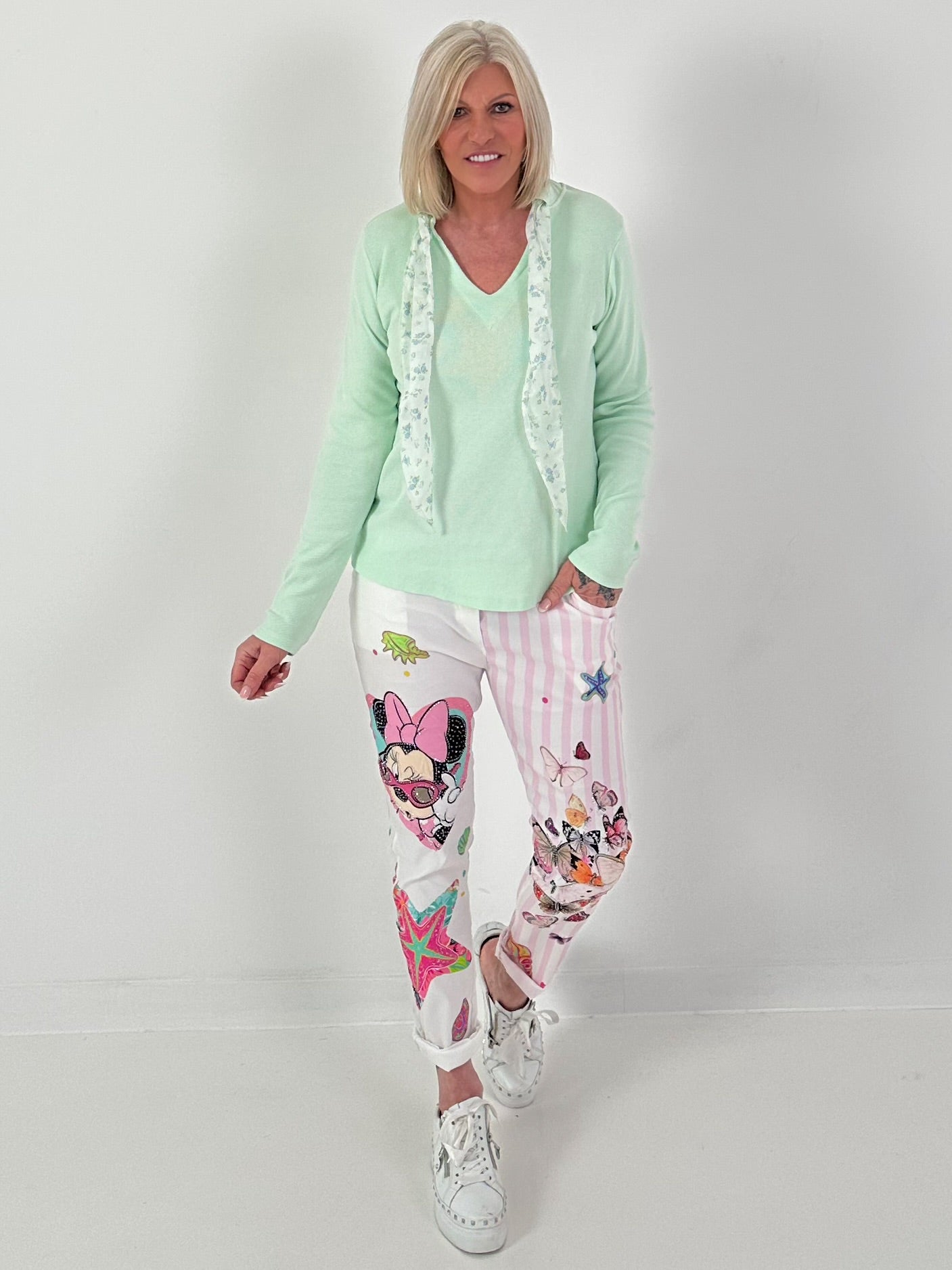 Ripp-Shirt mit floralen Bändern - mint