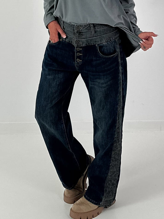 Jeans with double waistband and leopard details - denim-grey