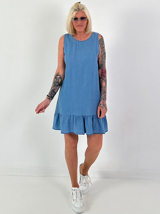 Light denim dress with flounce - blue