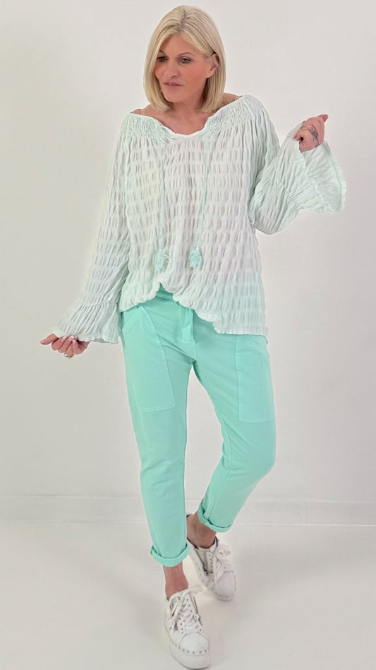 Structured tunic with tie belt and flounced sleeves - mint