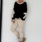 Oversized Sweater mit Strasskreuz - schwarz-beige