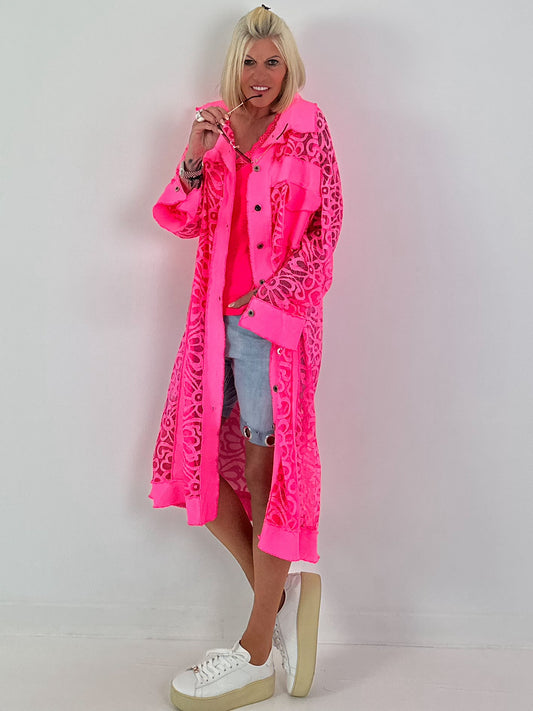 Jeansmantel mit floralem Netzeinsatz - neonpink