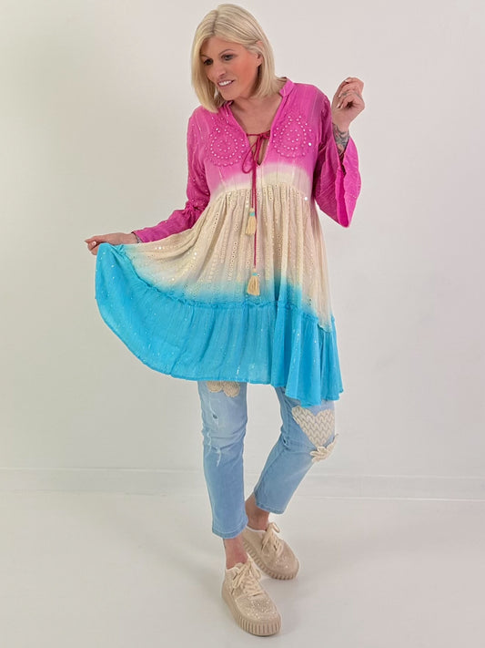 Ibiza Tunika/Kleid mit Lurexnähten - pink-beige-blau