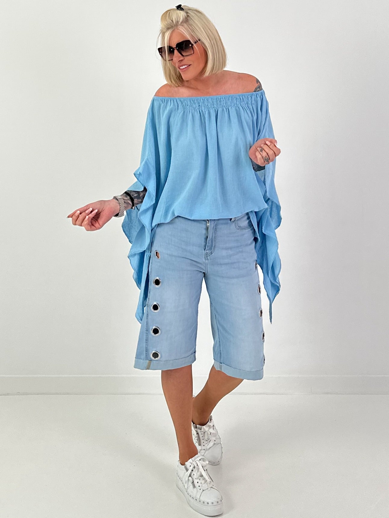 Tunic with side ruffles - light blue