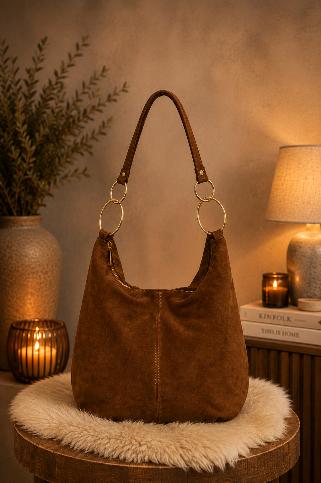 Genuine leather bag with elaborate details - brown