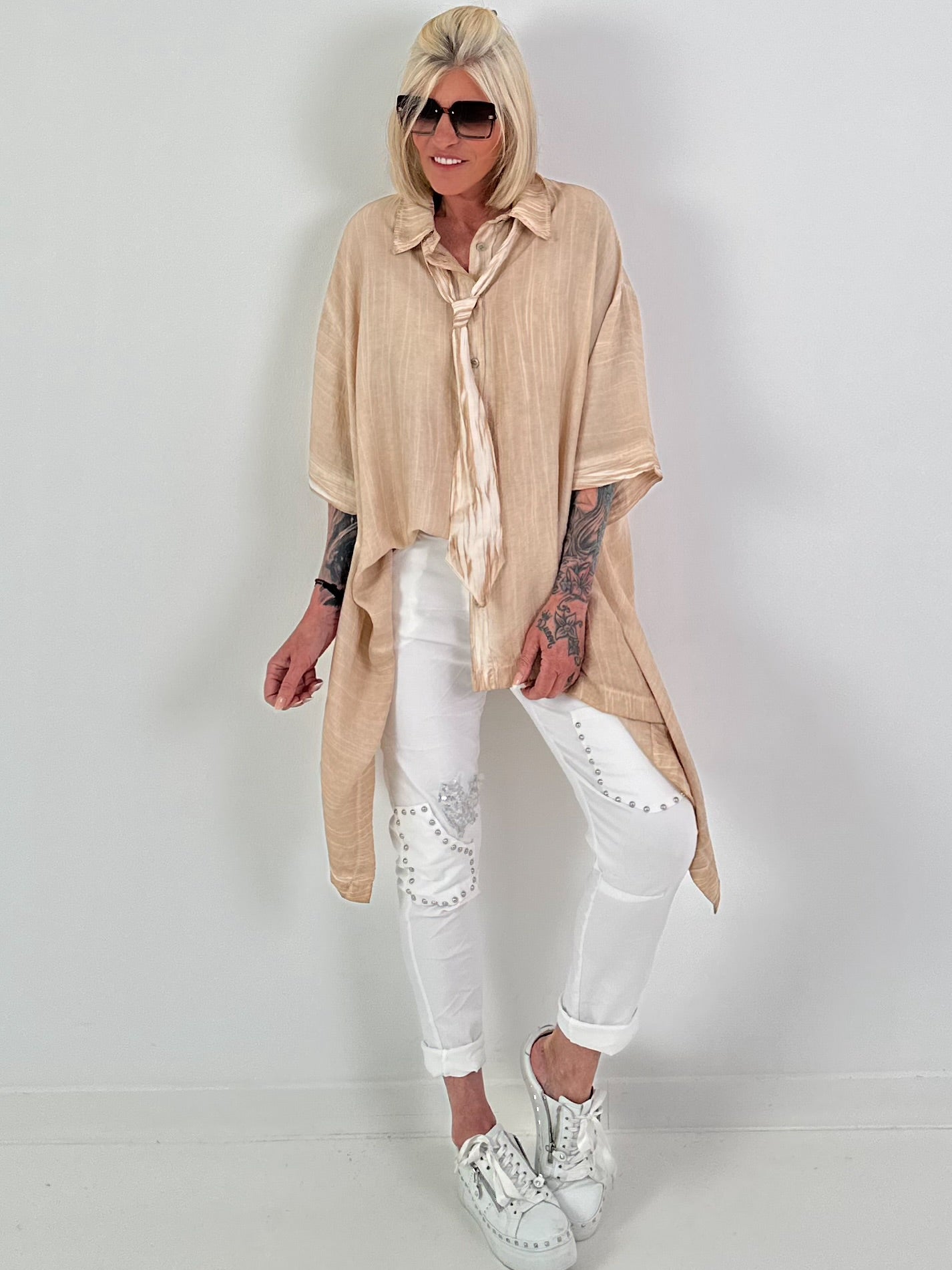 Oversized asymmetrical blouse with tie - sand